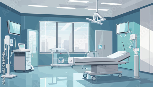 Vector Illustration of an Empty Hospital Room with Bed and Medical Equipment