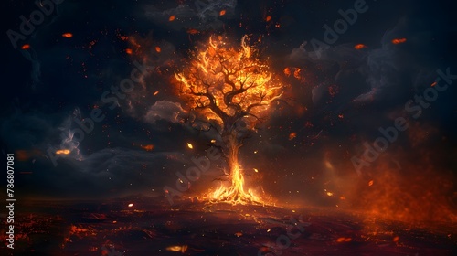 A tree with fire coming out of it. The sky is dark and the tree is surrounded by a lot of fire