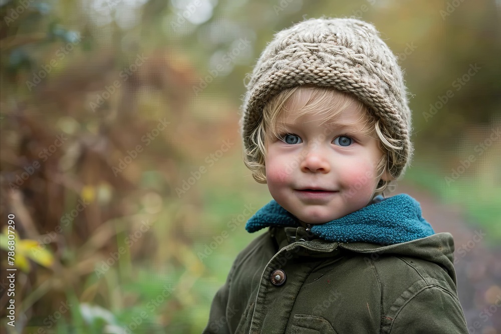 Portrait of a cute little boy in a knitted hat outdoors