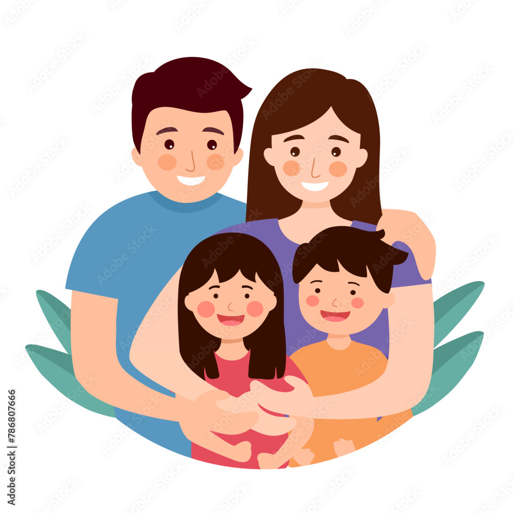Parents and children embracing together and smile. Happy family of four members father, mother, son and daughter. Parents and children embracing together and smile. Happy family of four members father, mother, son and daughter.