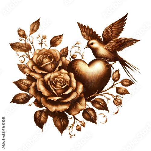 Golden floral flowers heart with Love birds and wings. Vintage bloom spring golden pink rose.