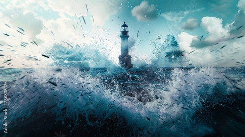Lighthouse and Ocean Waves Prime Lens Shot AI Generated.