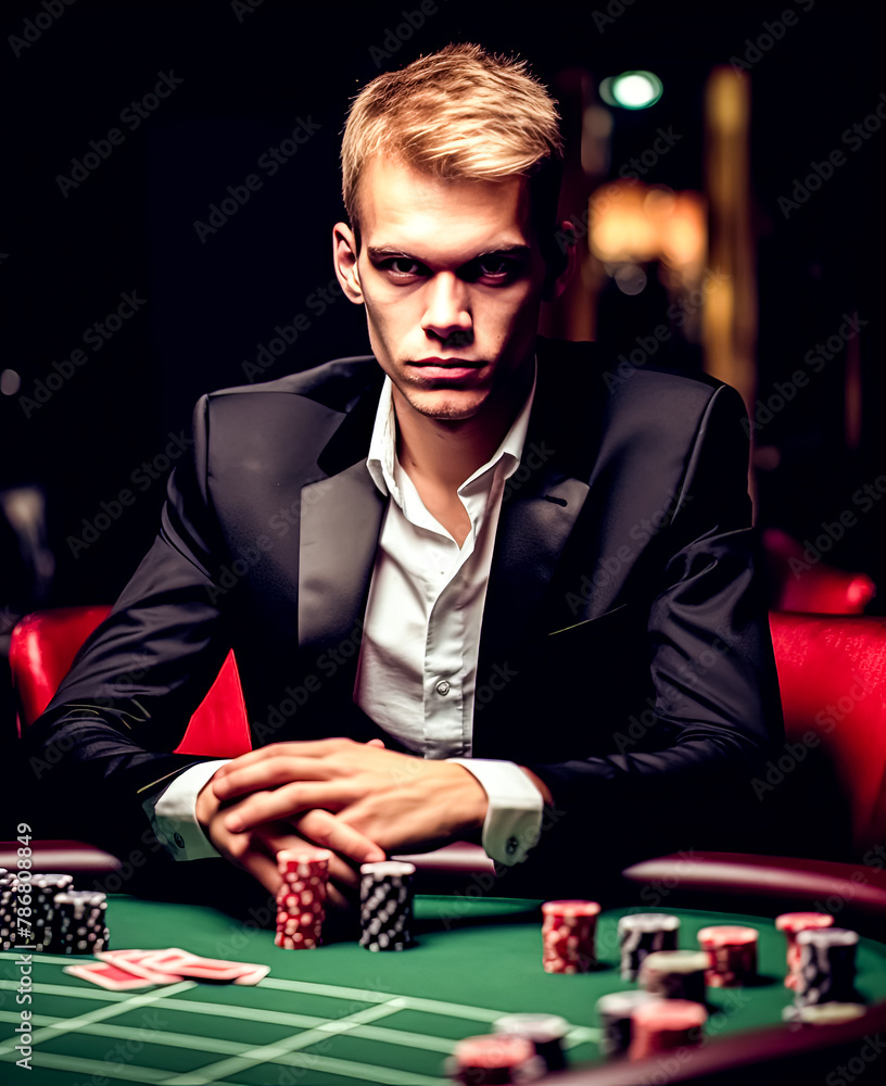 A man in a suit is sitting at a poker table with a green table cloth. A man in a suit is sitting at a poker table with a green table cloth.