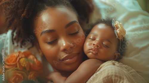 Afro mother lovingly hugging her newborn baby