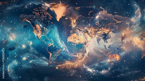 Ethereal Universe: Aerial View of World Map and Galaxies Blend.
