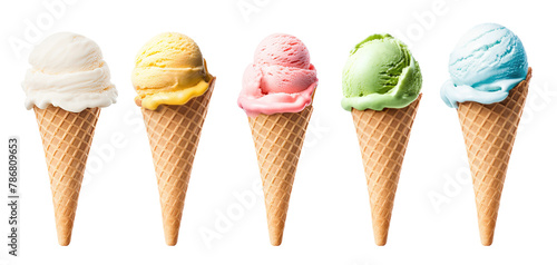 Set of ice cream cones isolated on transparent background