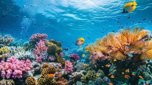 Colorful coral reef teeming with diverse fish species. Vibrant underwater ecosystem alive with aquatic beauty