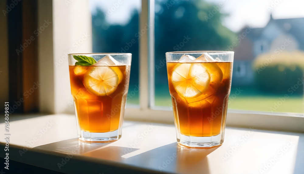 Ice tea on the desktop in front of the window picture
Ice tea on the desktop in front of the window picture