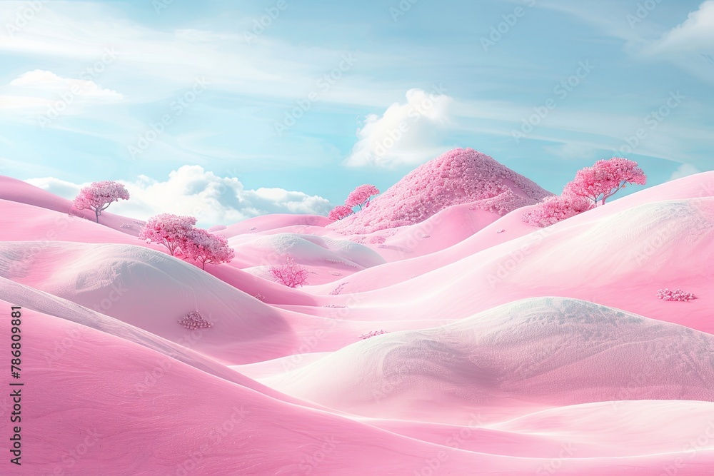 a pink and white landscape with trees and mountains banner background
