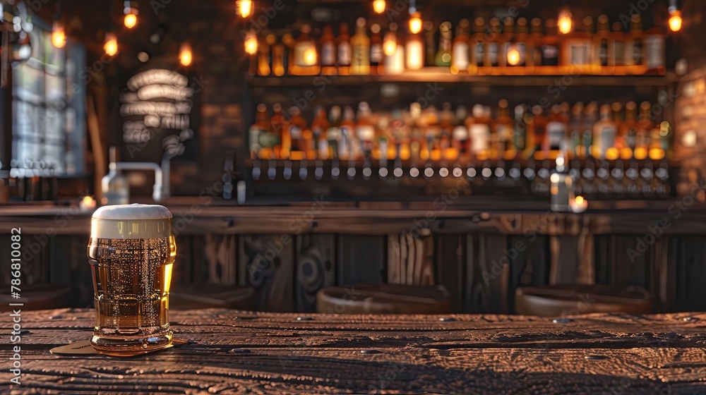 A glass of beer rests on a wooden table in front of a bar building