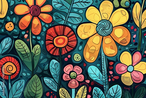 Art colorful Flower and leaf pattern on dark blue background banner background 