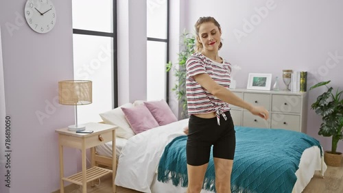 A young woman in casual clothes dancing alone in a contemporary bedroom with stylish decor and natural light. photo