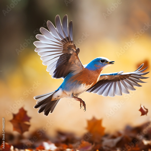 Male Eastern Bluebird flying in the autumn forest © Laik Alam