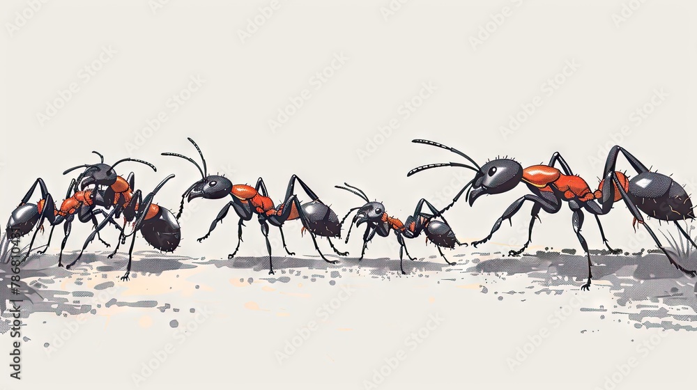Fototapeta premium sketch of a collection of red and black ants on a plain white background 4 AI Generative