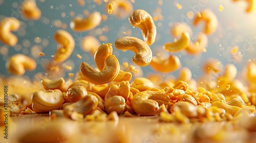 Copy space Fresh delicious Cashew nuts floating in the air with bright background, Concept of levitating food image with high resolution design advertisement element