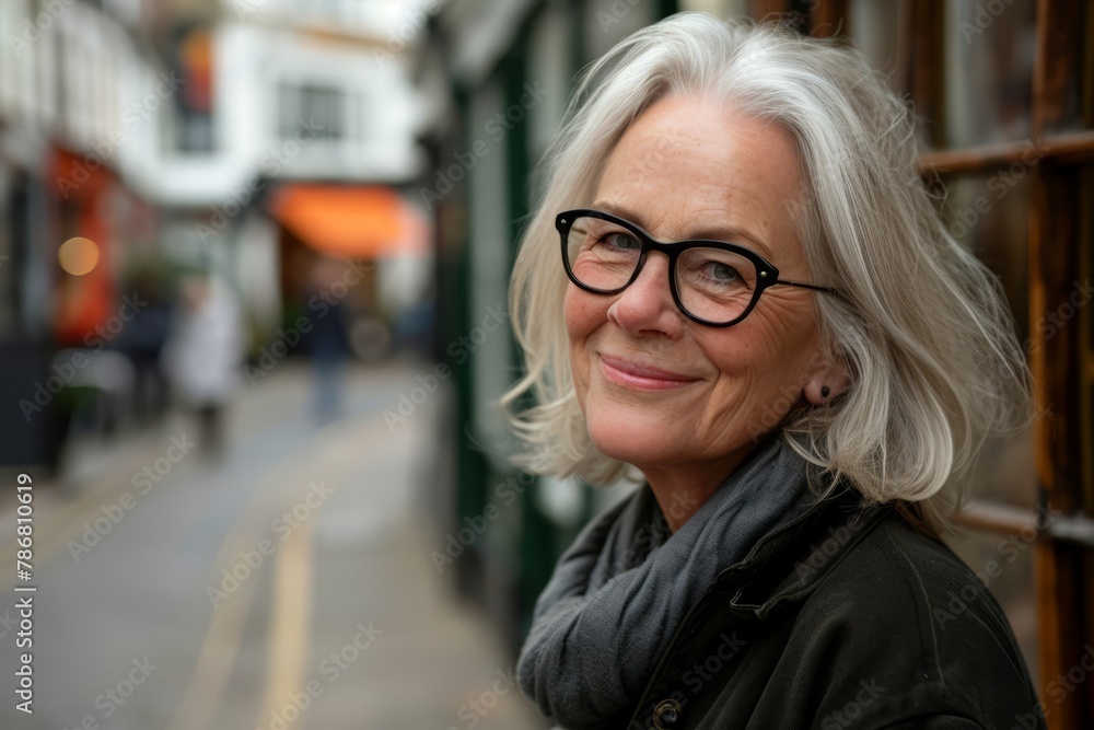 Portrait of a smiling senior woman with glasses in a city street Portrait of a smiling senior woman with glasses in a city street