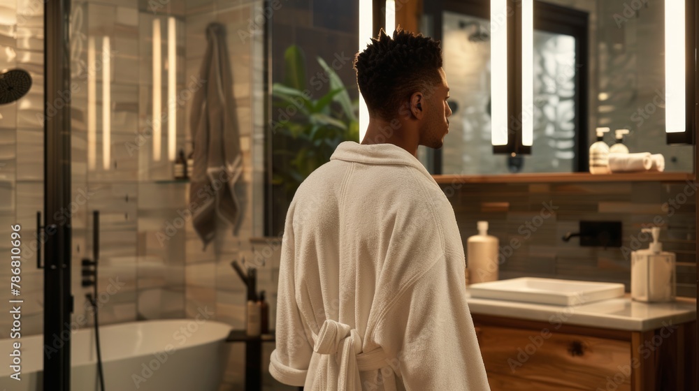 Person wearing a robe standing by a bathtub overlooking a tree outside. Tranquil and rejuvenating bathing retreat Person wearing a robe standing by a bathtub overlooking a tree outside. Tranquil and rejuvenating bathing retreat