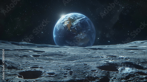 A view of the Earth from the moon surface with footprints and a space. photography  with high resolution  high detail  and hyper realistic details. View of Moon limb with Earth rising on the horizon. 