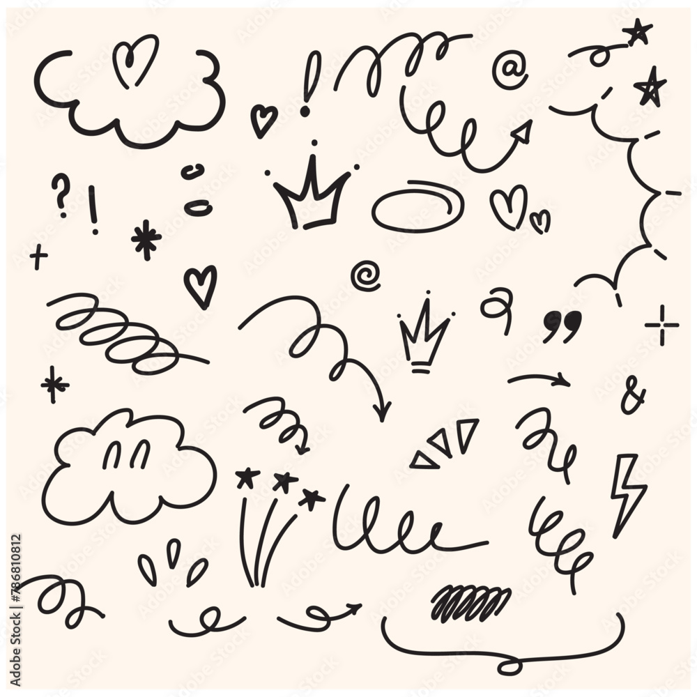 Naklejka premium Set of cute pen line doodle element with illustration style doodle and line art