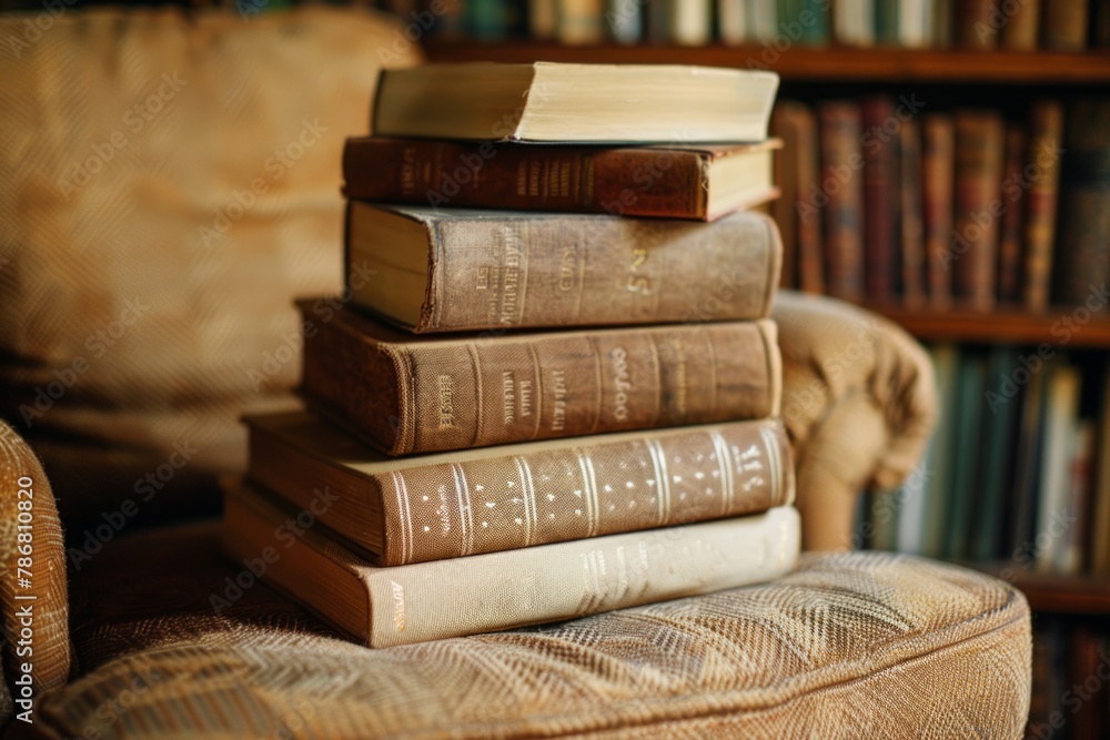 Naklejka premium Chair adorned with a stack of books. Cosy and intellectual corner for literary adventures