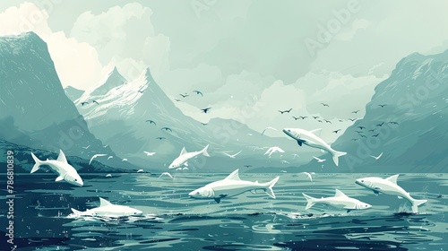 vector with lake and mountains background with white fish jumping AI Generative photo