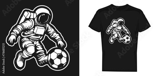 Astronaut playing soccer t-shirt design vector