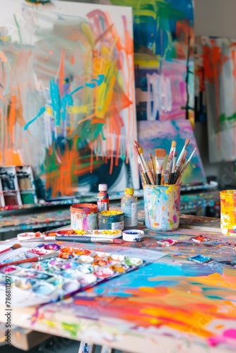 A vibrant art studio with colorful paint palettes, bold brush strokes, and abstract canvases, Generative AI