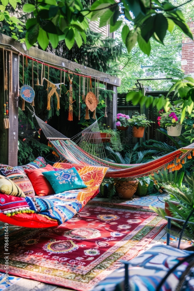 A vibrant bohemian garden with colorful hammocks, patterned rugs, and vibrant outdoor cushions, Generative AI A vibrant bohemian garden with colorful hammocks, patterned rugs, and vibrant outdoor cushions, Generative AI
