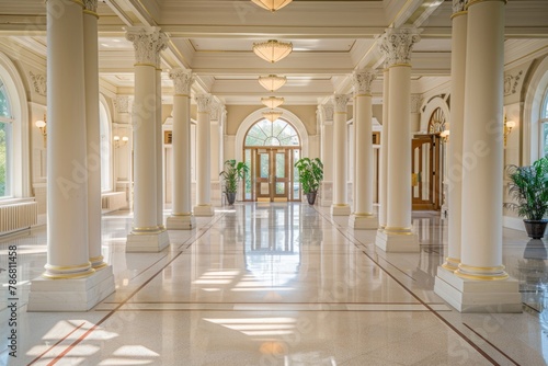 A large, empty room with white pillars and a chandelier