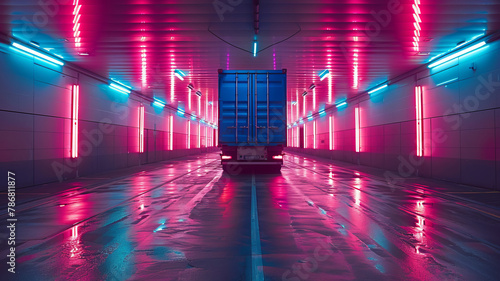 a cargo bay of a truck addressed as a music band , magenta and blue neon lights,generative ai