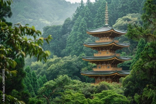 Misty forest scenery featuring a distant pagoda. Enchanting and serene Asian-inspired landscape