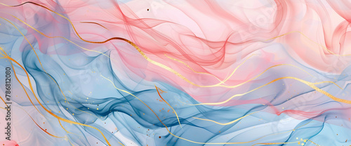 Soft pastel waves of blue and pink watercolor paint gracefully intertwine, creating a soothing and elegant backdrop