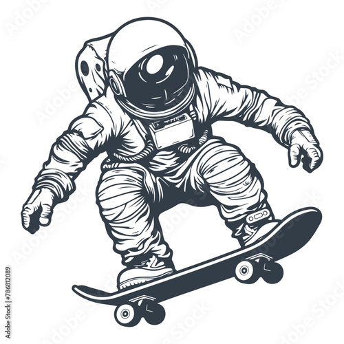 Astronaut with skateboard vintage woodcut style drawing vector