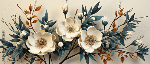 a white flower with blue leaves on a branch