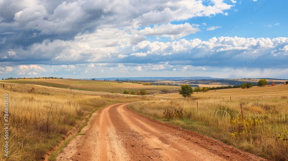 A dirt road in a rural area with a cloudy sky in the background