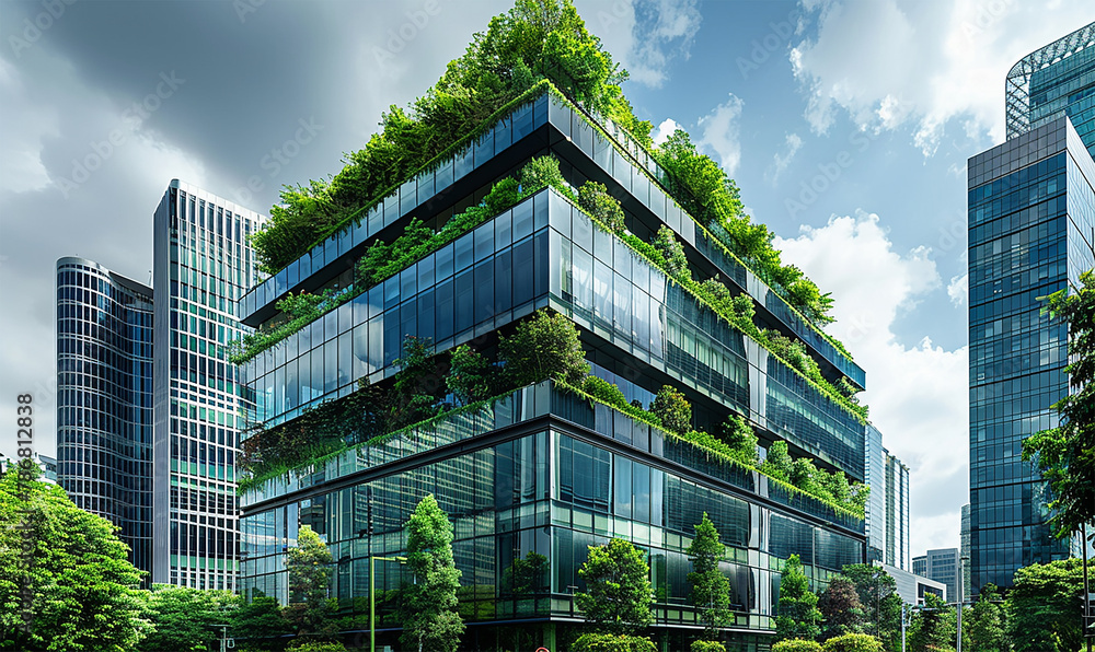 Innovative office design reduces carbon footprint with trees and glass facade