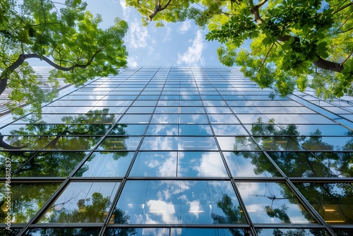 Captivating Reflection of Modern Glass Office Building in Verdant Urban Landscape