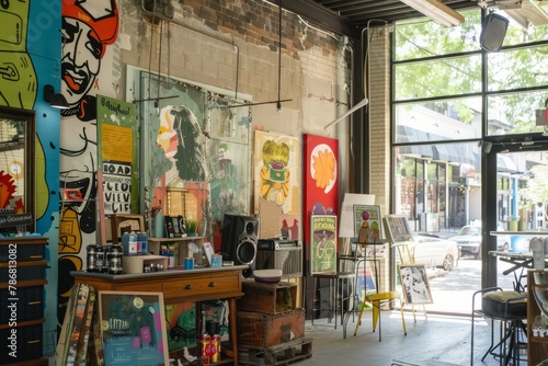 An artsy pop-up shop in a trendy neighborhood  featuring quirky murals  live music  and eclectic artisanal goods  Generative AI