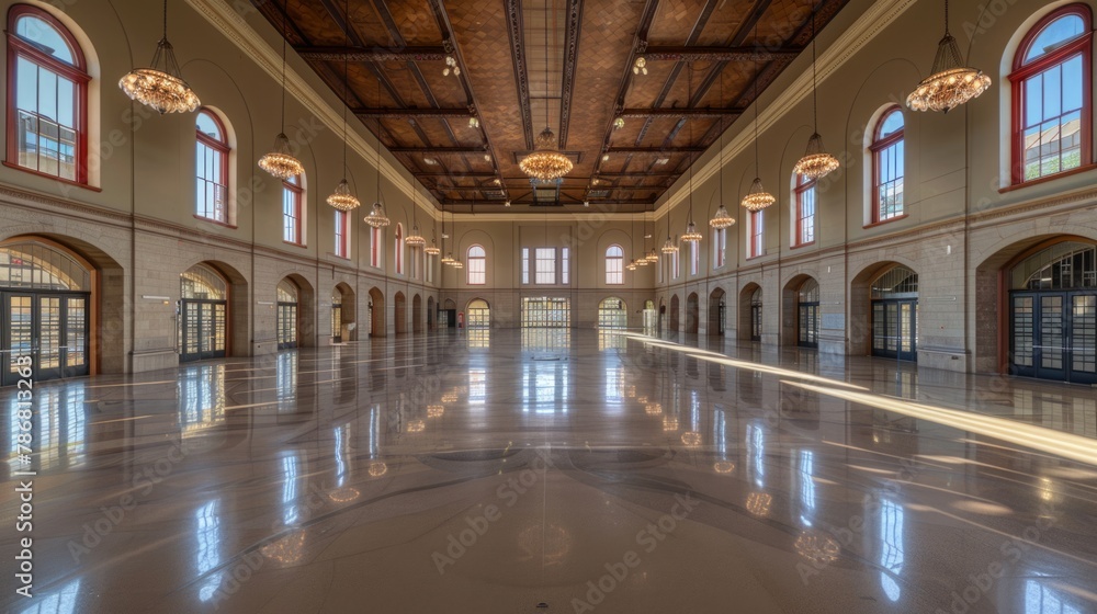 Large room with wooden floors and arched ceilings. Classic and refined architectural elements