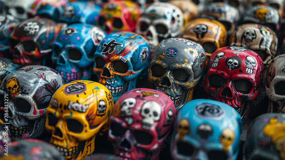 Fototapeta premium multiple awesome design worn colorful angry monster Skulls and bone stickers on top of each other, Street art style, comic,generative ai