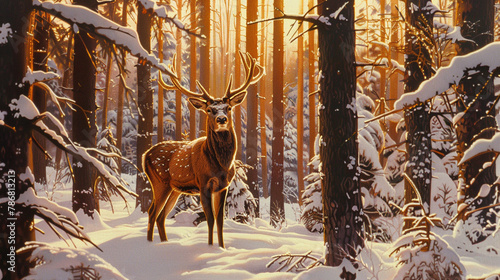 Amidst a forest blanketed in snow, a noble deer stands regally, its coat reflecting the warm tones of a setting sun. The trees, tinged with shades of burnt sienna, 
