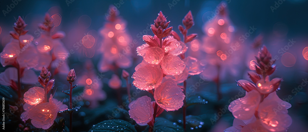a many pink flowers that are in the middle of the night
