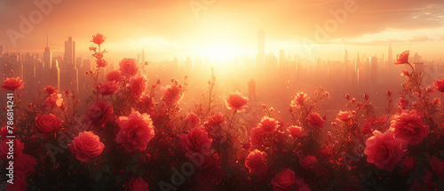 flowers in a field with a city in the background
