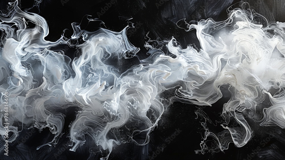 the mesmerizing elegance of white smokey paint on canvas, where delicate wisps and tendrils dance gracefully against a backdrop of deep black  - obrazy, fototapety, plakaty 