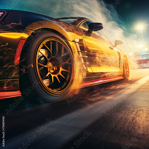 Sport car with smoke on the road. 3d render image.
