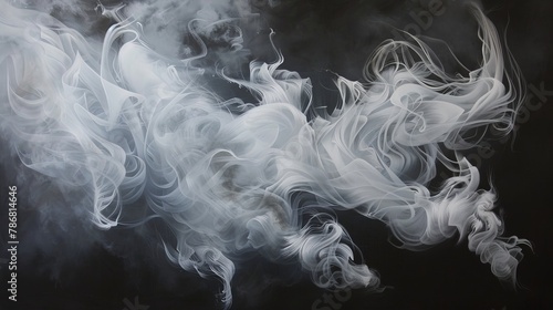 the mesmerizing elegance of white smokey paint on canvas, where delicate wisps and tendrils dance gracefully against a backdrop of deep black 