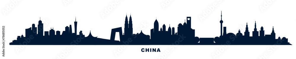 China country skyline with cities panorama. Vector flat banner, logo. Beijing, Shanghai, Guangzhou, Hangzhou, Harbin, Chongqing silhouette for footer, steamer, header. Isolated graphic