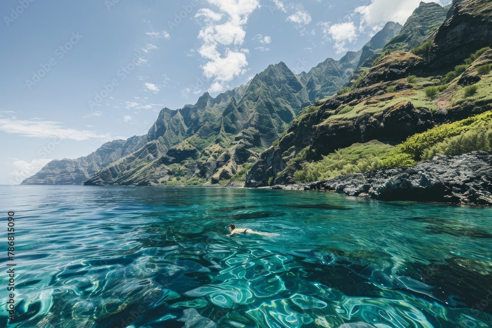 Individual enjoying ocean swim with mountain vista, embracing the beauty of coastal and mountainous environments