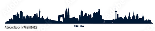 China country skyline with cities panorama. Vector flat banner, logo. Beijing, Shanghai, Guangzhou, Hangzhou, Harbin, Chongqing silhouette for footer, steamer, header. Isolated graphic #786815052