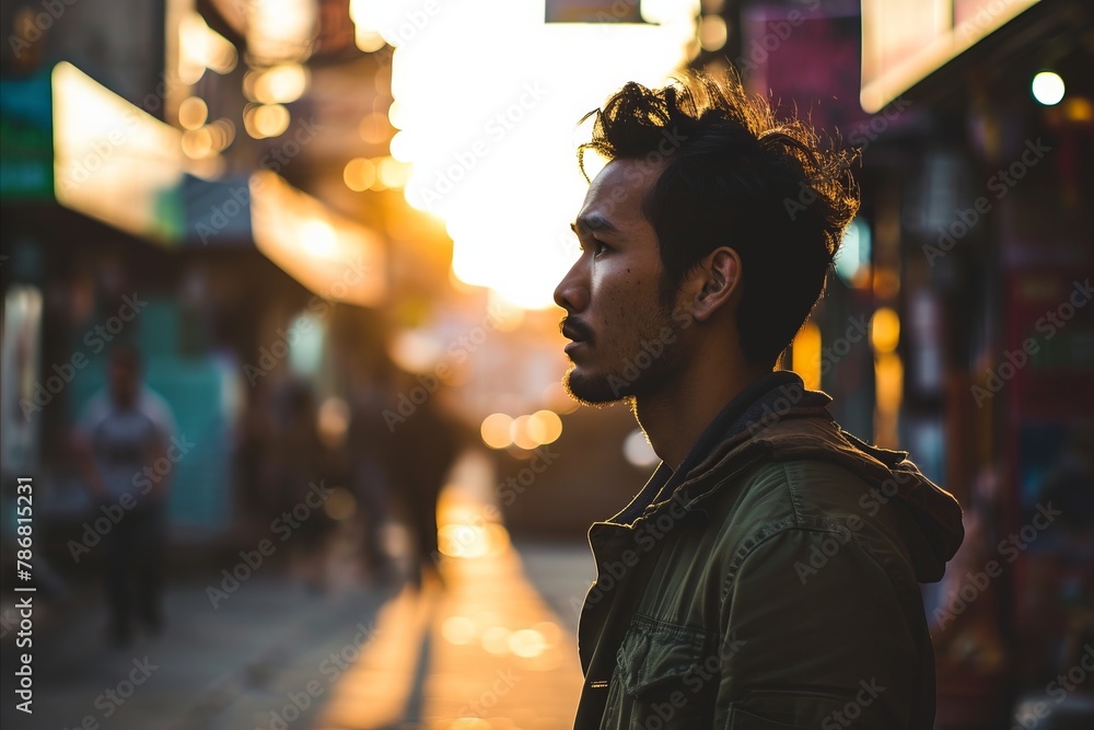 Portrait of young handsome Asian man in the city at sunset. Portrait of young handsome Asian man in the city at sunset.